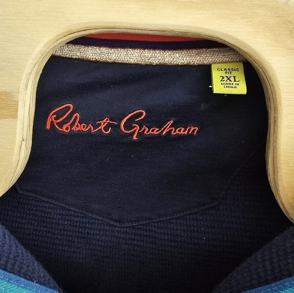Robert Graham Navy Blue Cotton Sweater Mock Neck 1/4‎ Zip Pinstripe Men’s 2XL